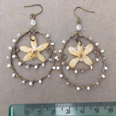 Handmade bronze earrings with real choisya flowers